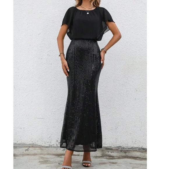 Luxe black Butterfly Sleeve Sequin High Waisted Party Evening Formal Dress